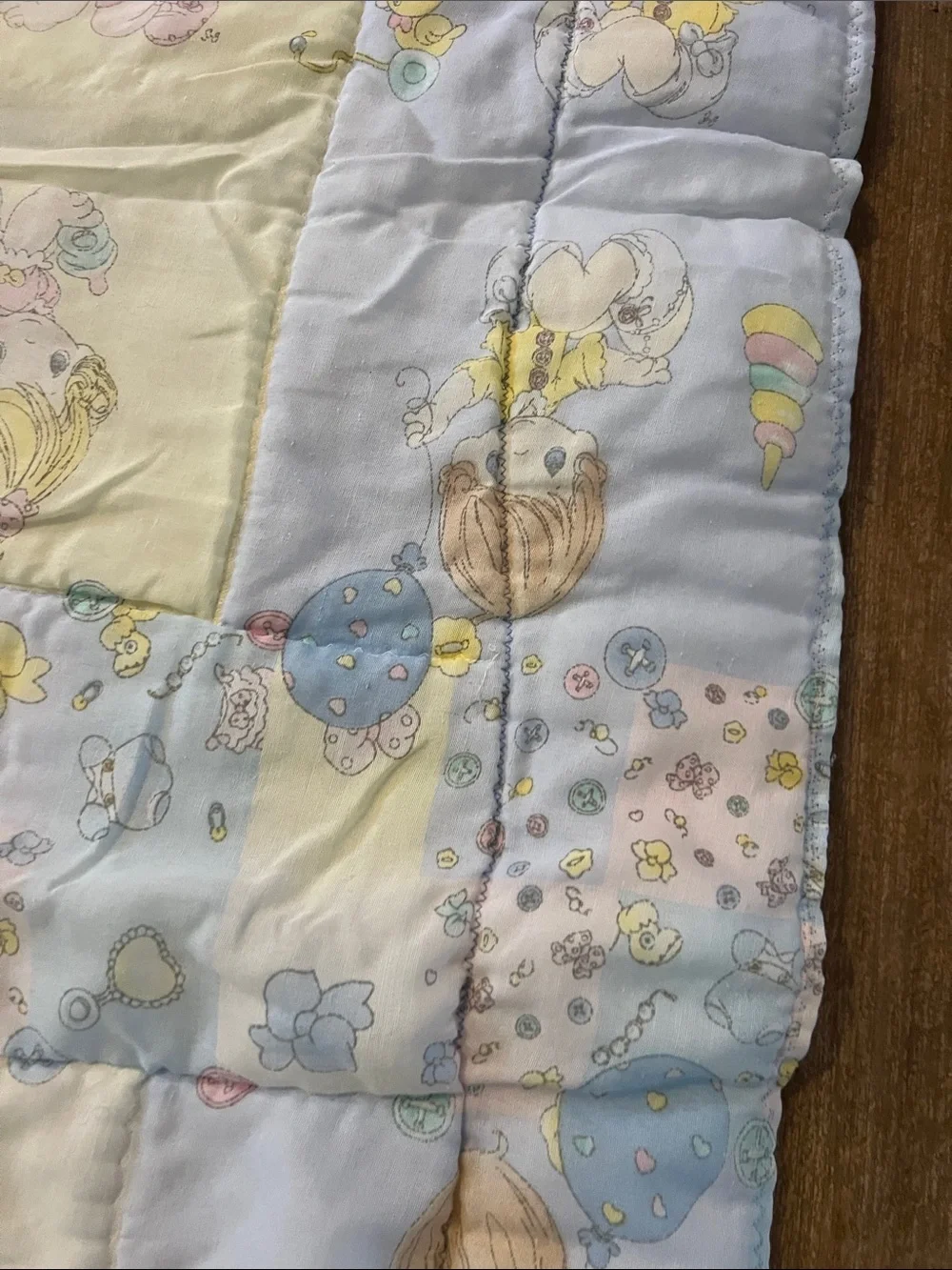 Precious moments vtg Baby Patchwork Crib Quilt - Pastel Blue & Yellow 40x29